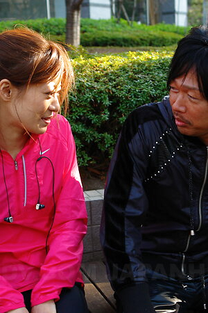 Aoi Mikami caresses her boobs and pussy during gym exercises.