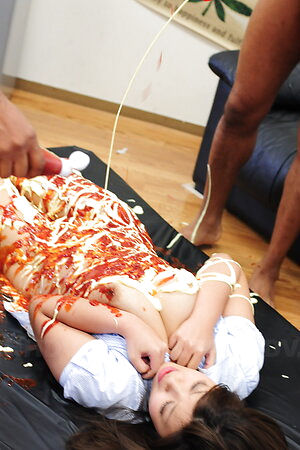 Nami Himemura gets so many sauces on body and she sucks black cocks.