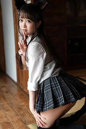 Sexy Japanese girl Ria Kurumi in school uniform shows her shaved pussy under her skirt